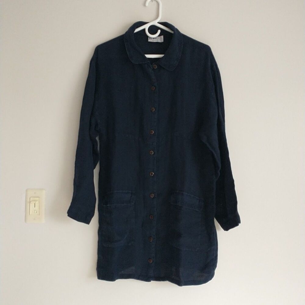 Vtg Kiko Shirt Dress S Navy Blue 100%Linen Button Front Mini Pockets Chore Boxy